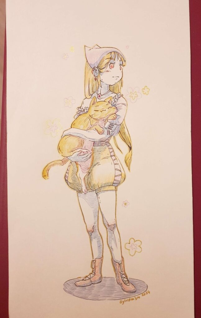 Aquarelle réalisée par Sylvambre représentant une jeune fille tenant son chat dans ses bras