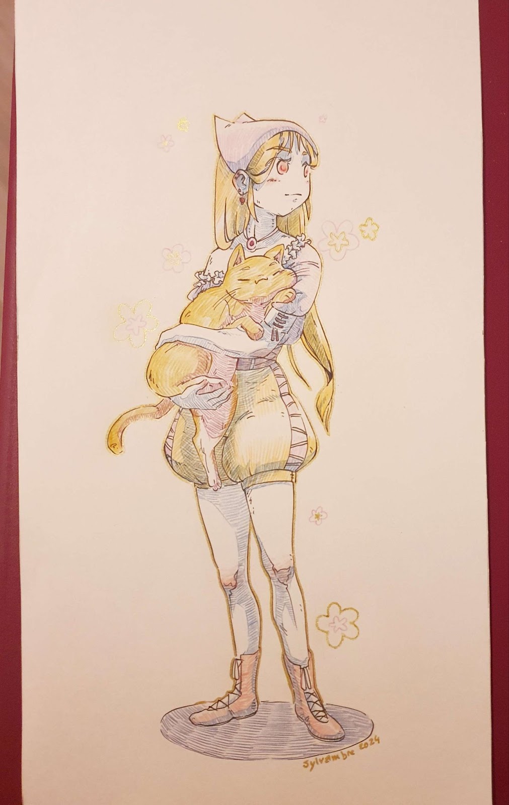 Aquarelle réalisée par Sylvambre représentant une jeune fille tenant son chat dans ses bras